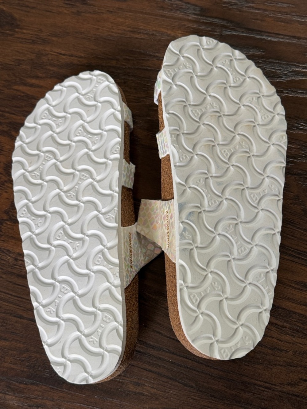 Birkenstock Iridescent White Multi-Print Sandals with Gold Buckles, Like New - Picture 13 of 14